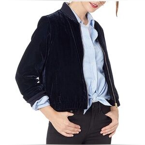Women’s J.Crew Navy Blue Velvet Velour Bomber Jacket Full Zip Ribbed Trim Small